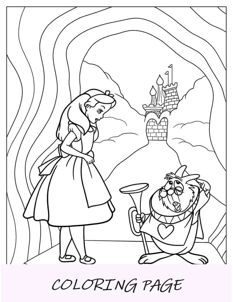 Página para colorir de Alice com coelho branco