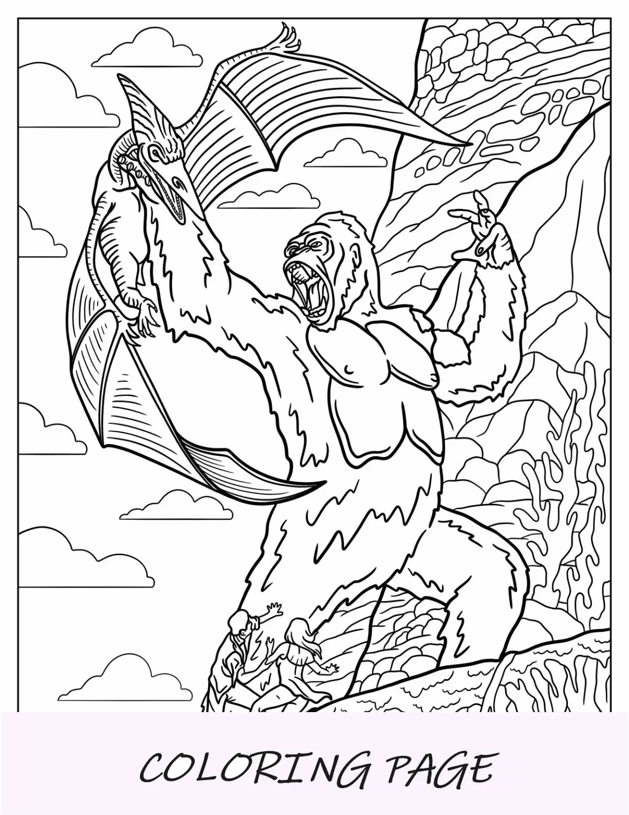 King Kong da colorare pagina che combatte gli pterosauri