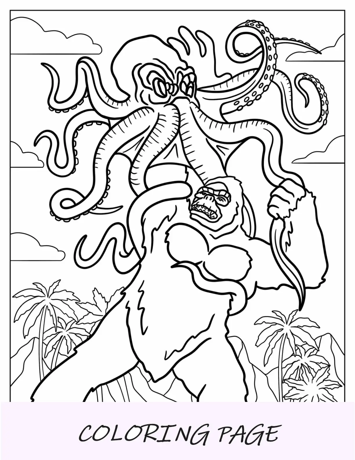 King Kong Coloring Page Combattendo il calamaro mostruoso