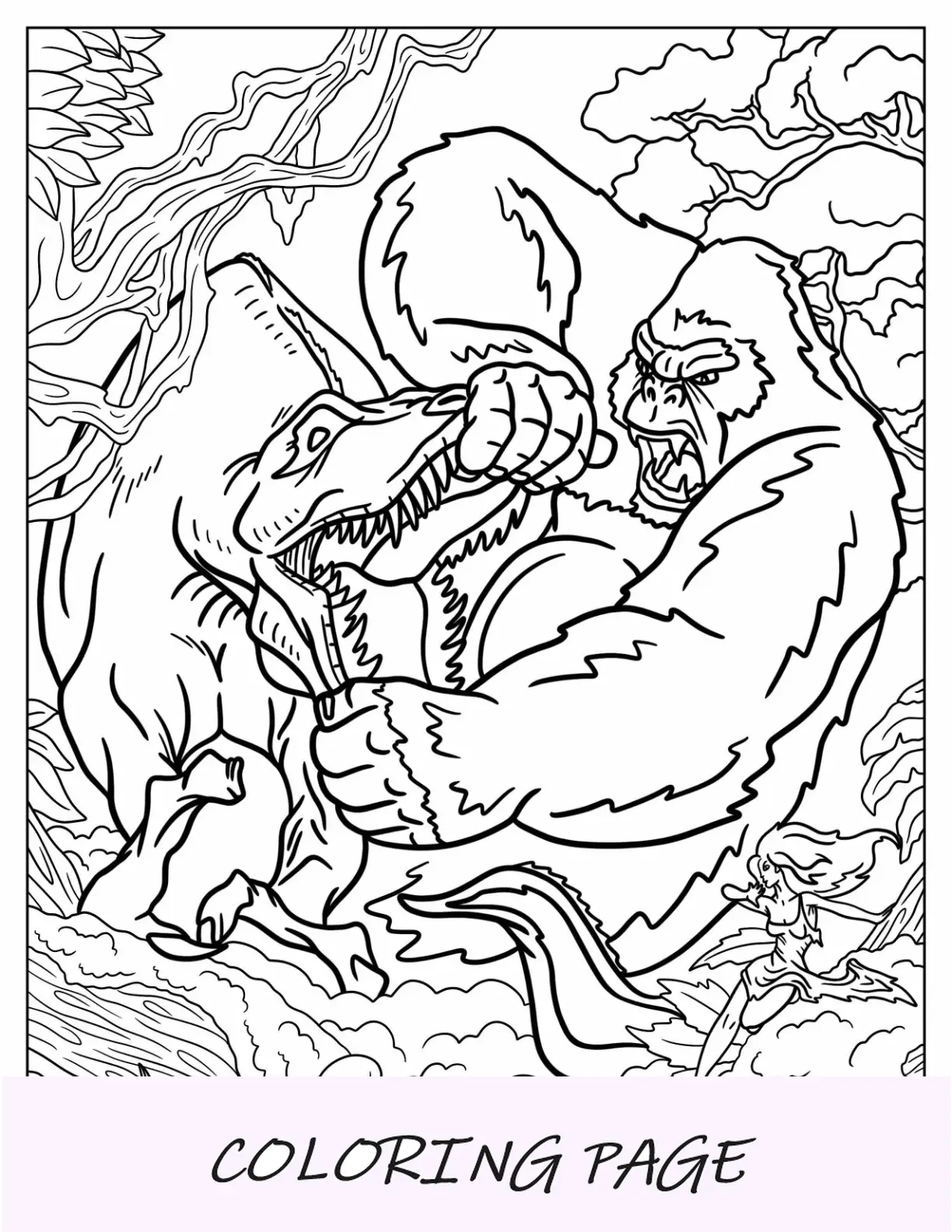 King Kong da colorare pagina che combatte il dinosauro nella giungla