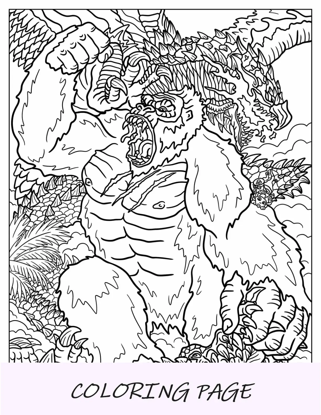 King Kong da colorare pagina che sconfigge il drago