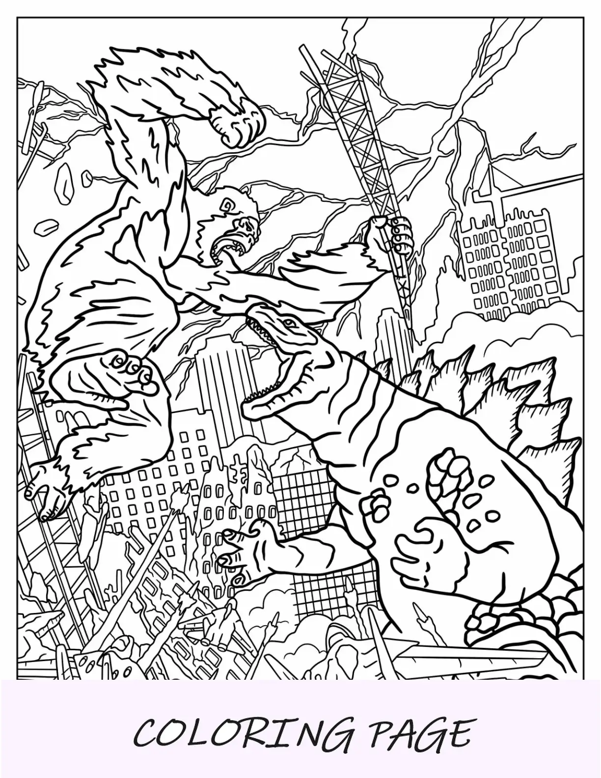 Pagina da colorare dettagliata di King Kong che combatte Godzilla in città