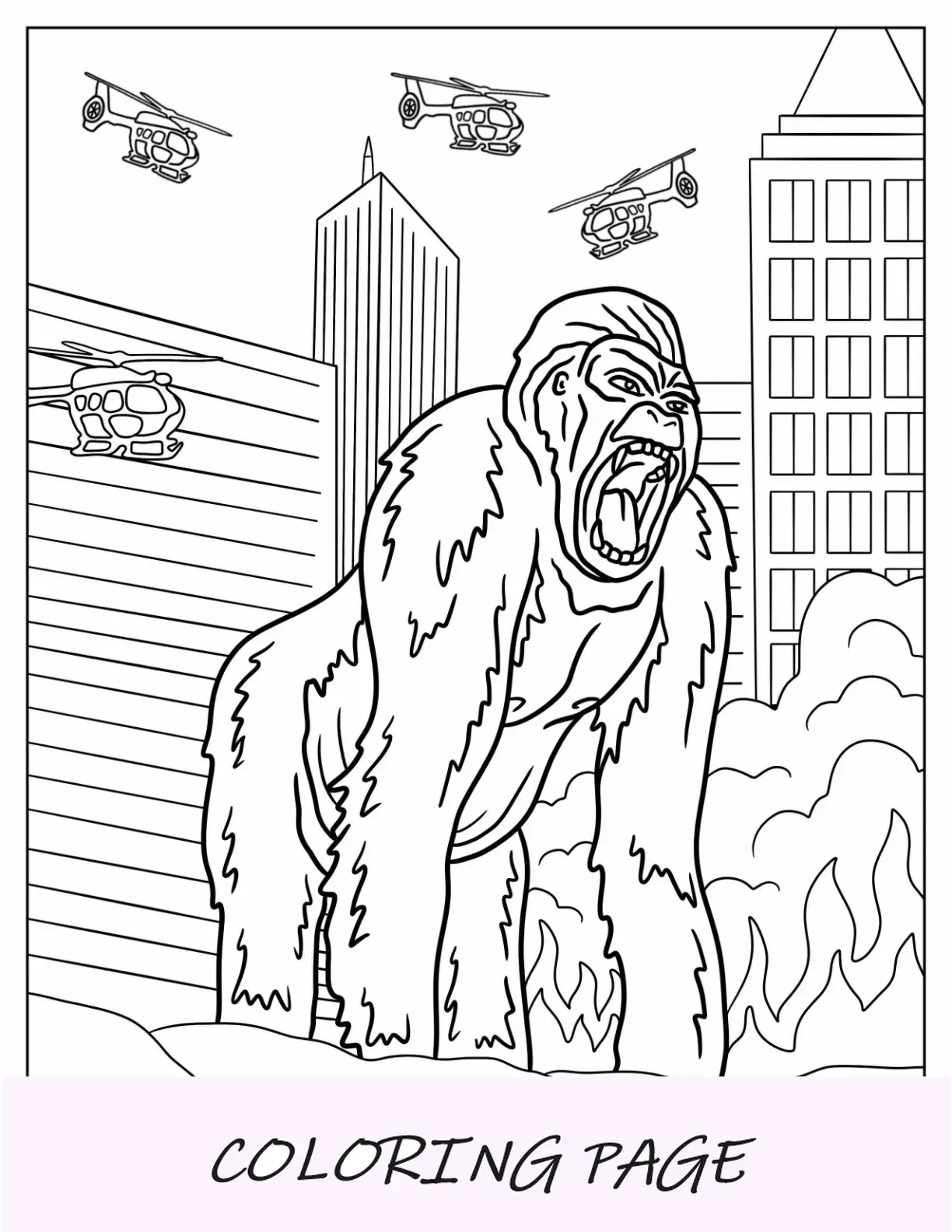 King Kong da colorare pagina che ruggisce in città