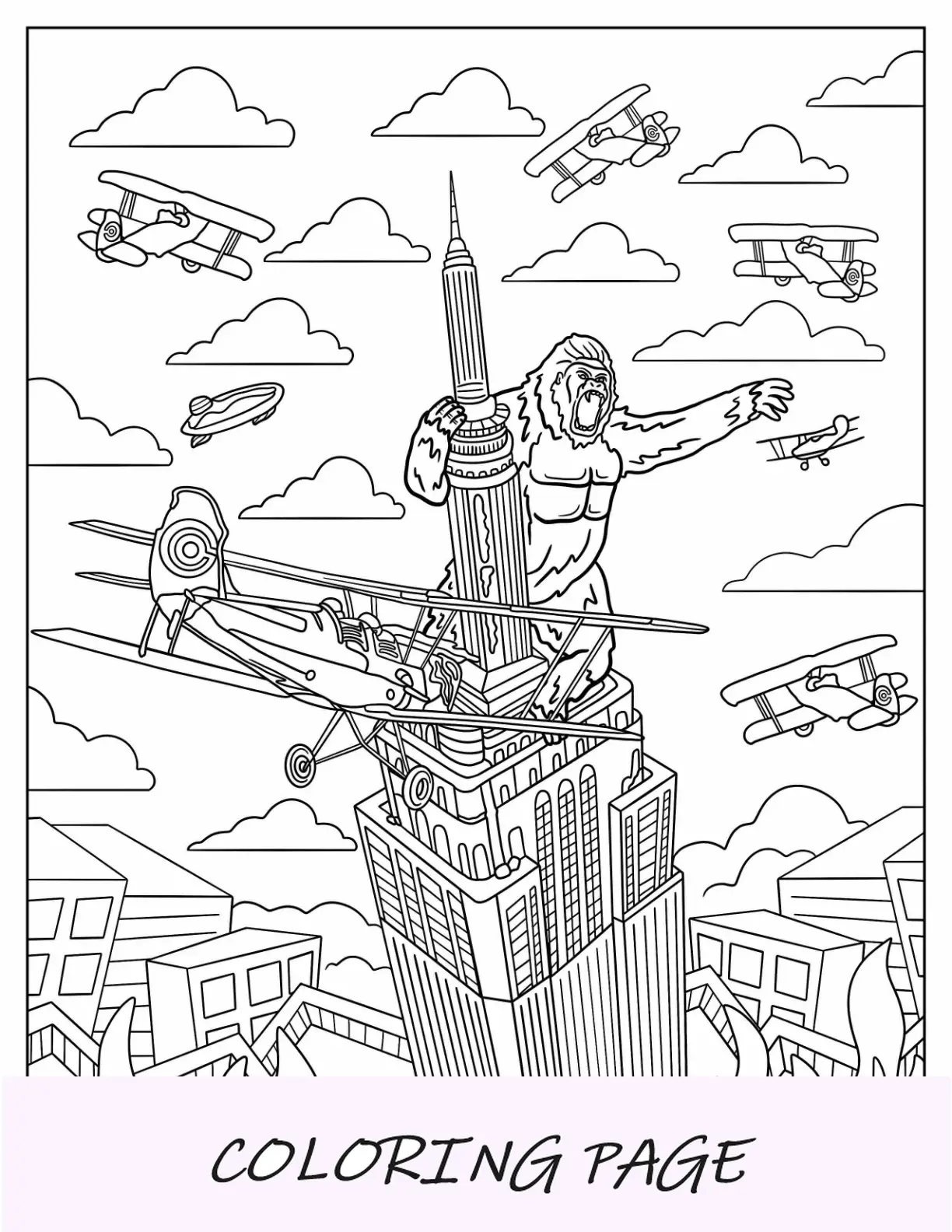 King Kong da colorare sugli aerei da combattimento dell'Empire State Building