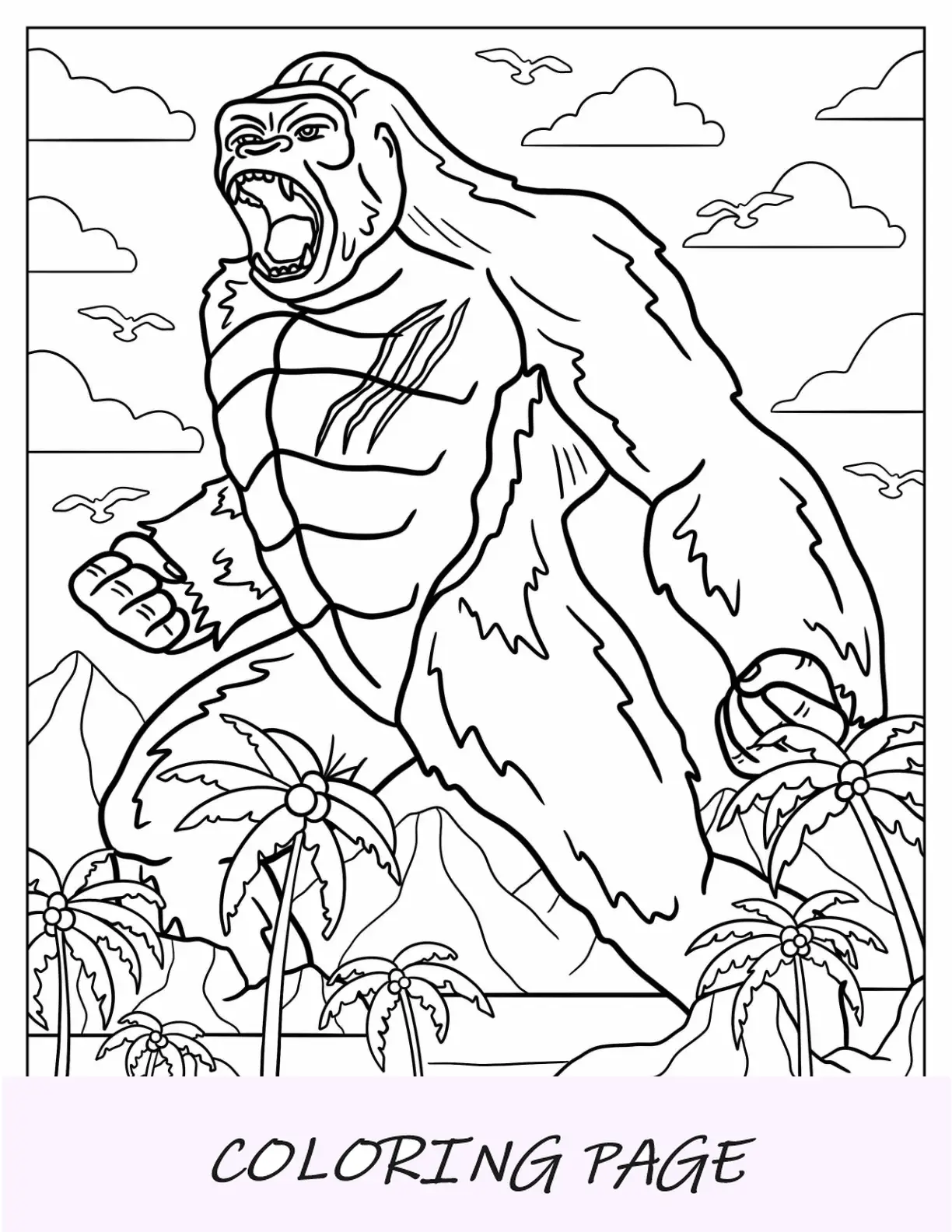 Pagina da colorare di King Kong sfregiato che ruggisce nell'isola del teschio