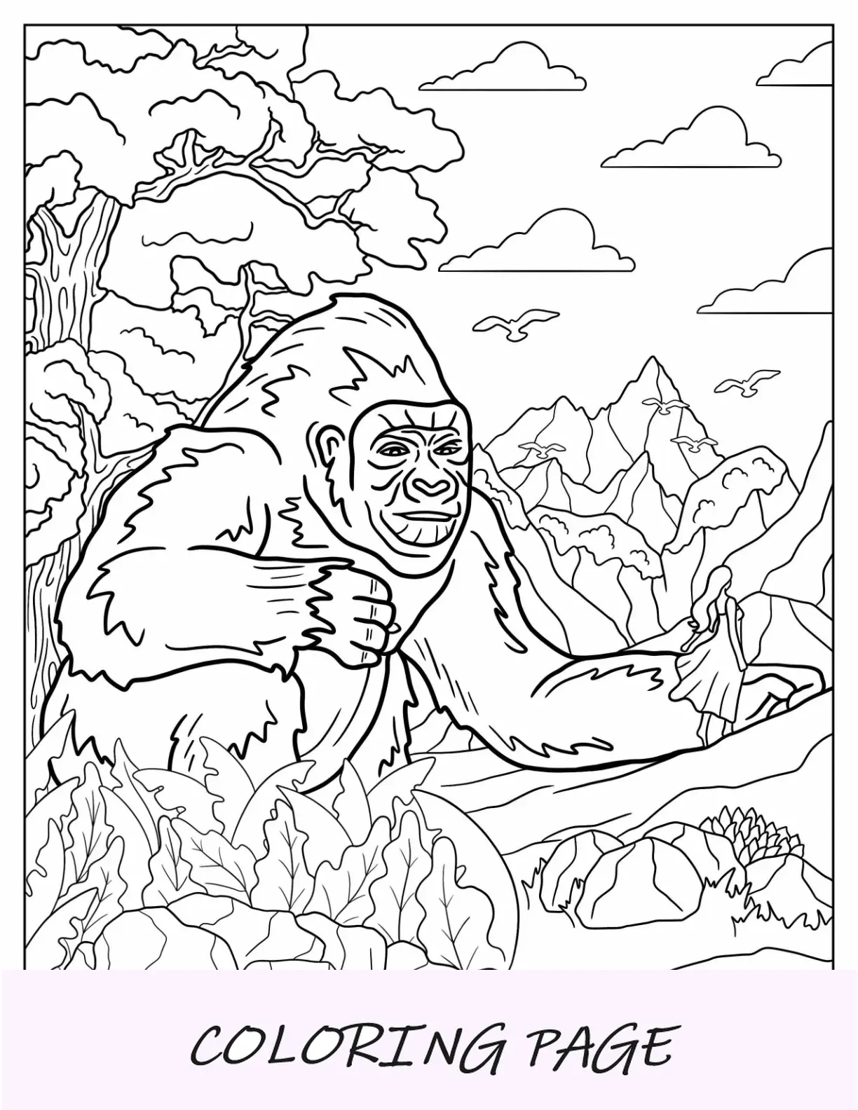 Pagina da colorare di King Kong che veglia su una donna nella giungla