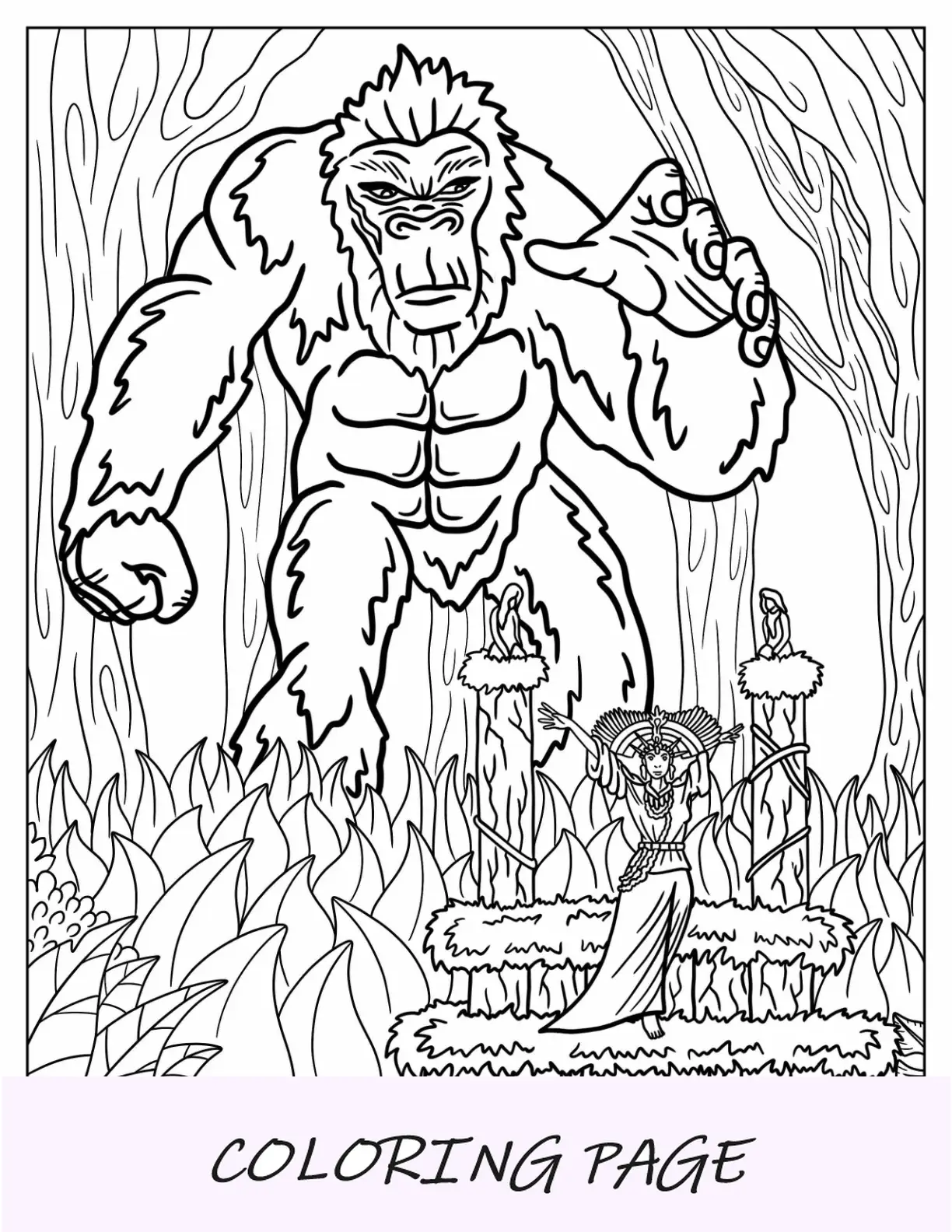Pagina da colorare di King Kong dell'Isola del Teschio con la donna nel tempio