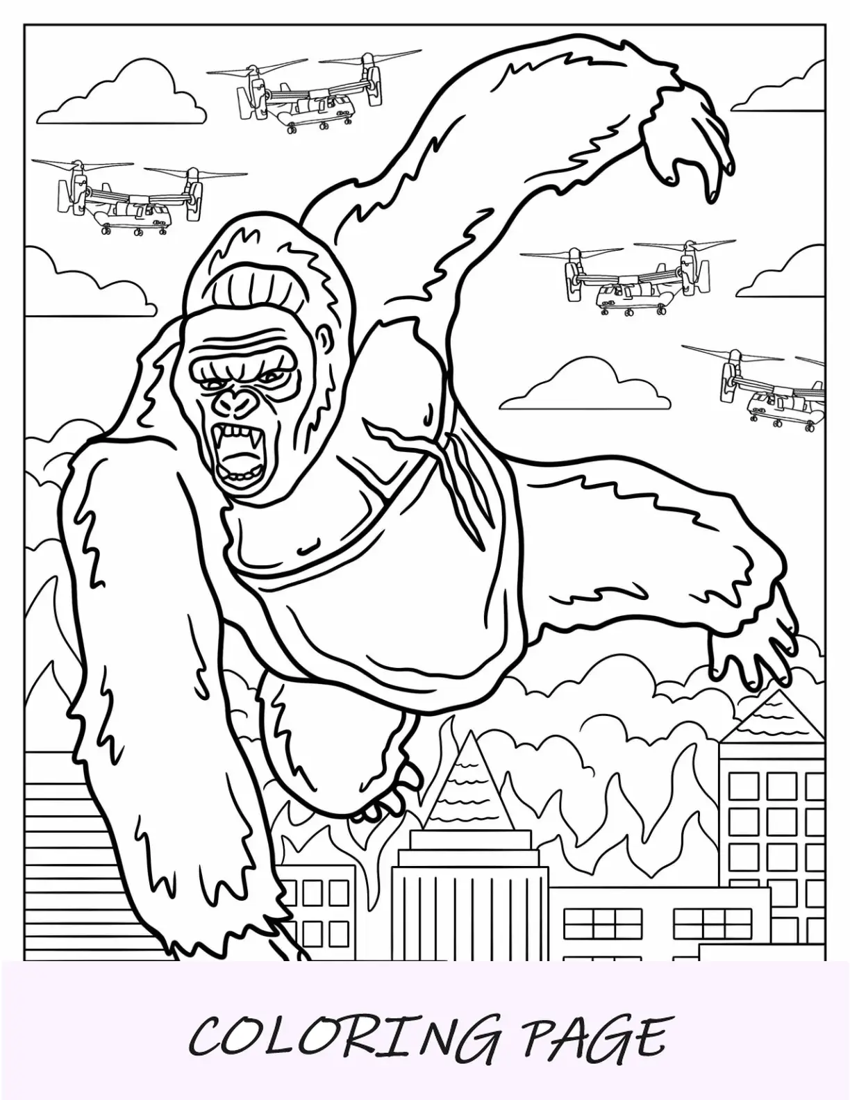 Pagina da colorare di King Kong che salta sopra l'edificio