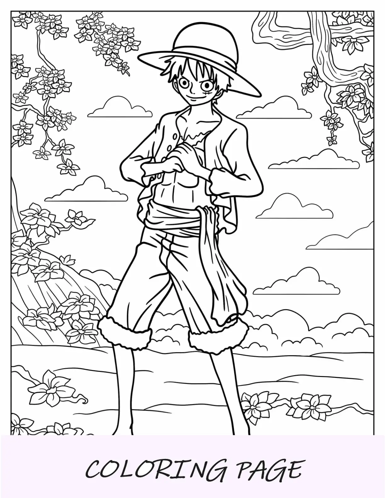 Página para colorear de One Piece de Monkey D. Luffy en la playa