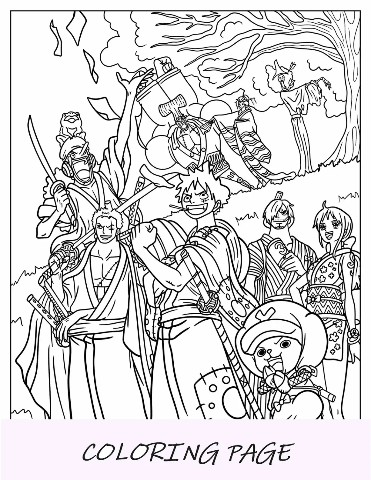 Página detallada para colorear de One Piece de la tripulación del Sombrero de Paja