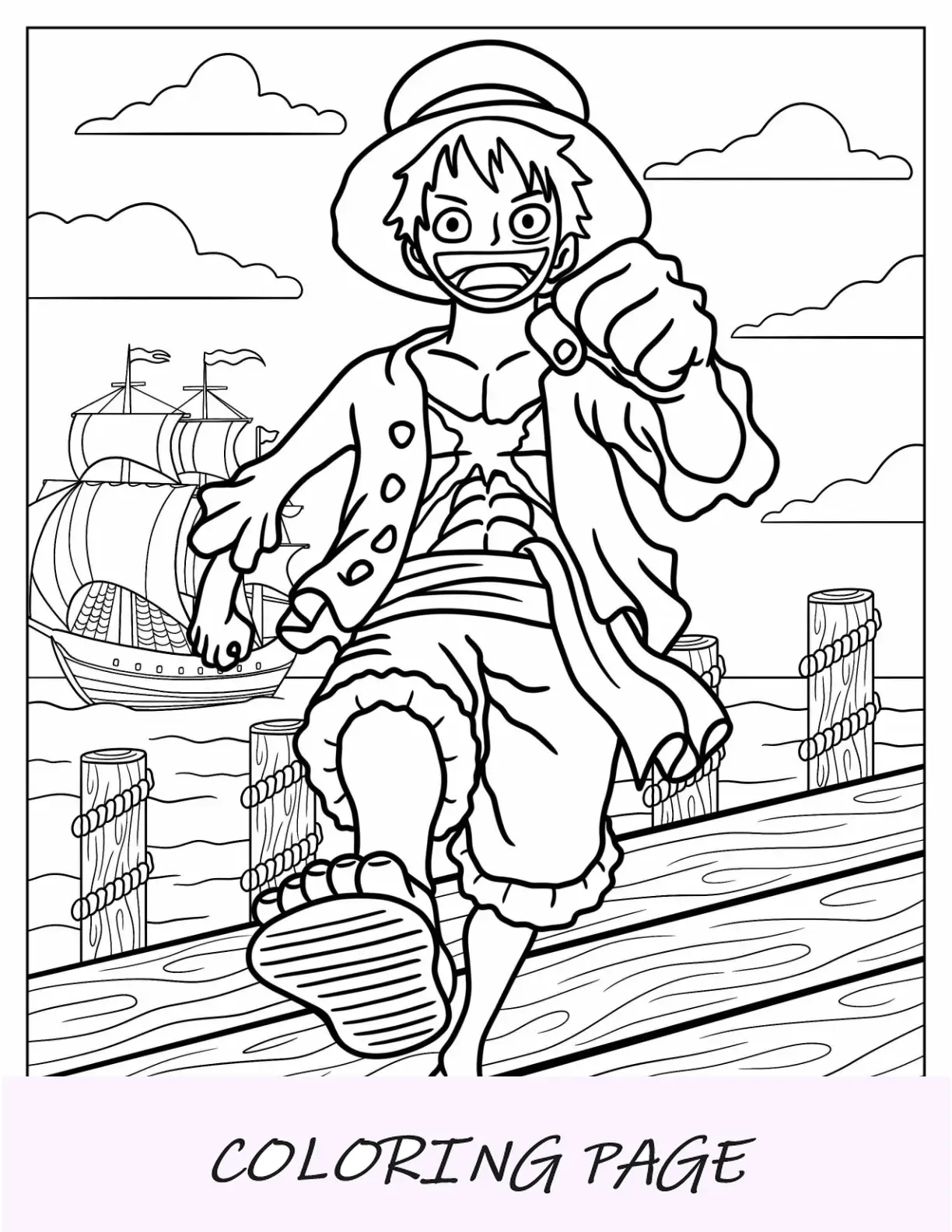 Página para colorear de One Piece de Luffy simple caminando por el puerto para niños