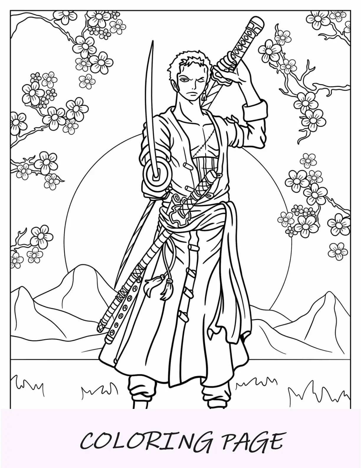 Página para colorear de One Piece de Roronoa Zoro con tres espadas