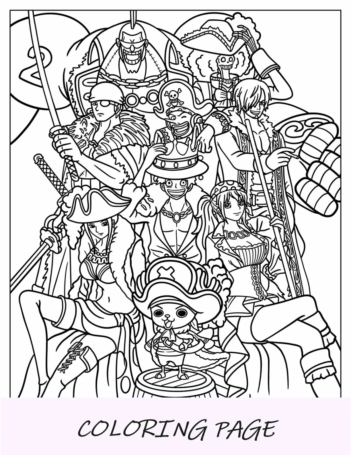 Página para colorear de One Piece de Luffy, Nami, Robin, Sanji, Zoro, Franky, Chopper, Brook y Usopp