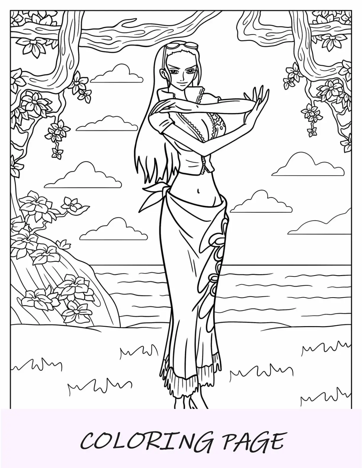 Página para colorear de One Piece de Nico Robin en el acantilado