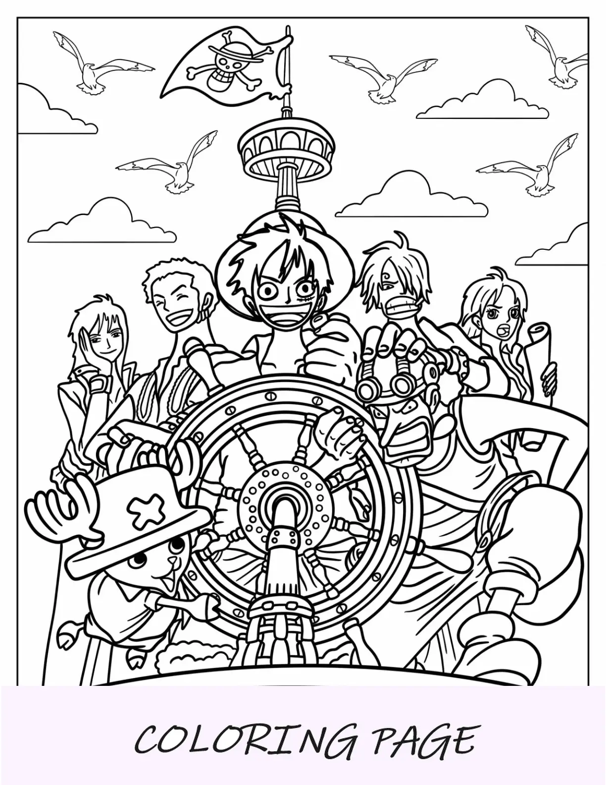 Página para colorear de One Piece de Luffy, Nico, Sanji, Zoro, Nami, Chopper y Usopp
