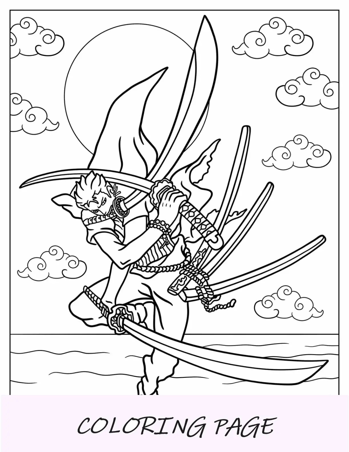 Página para colorear de One Piece de Zoro usando tres espadas en la batalla