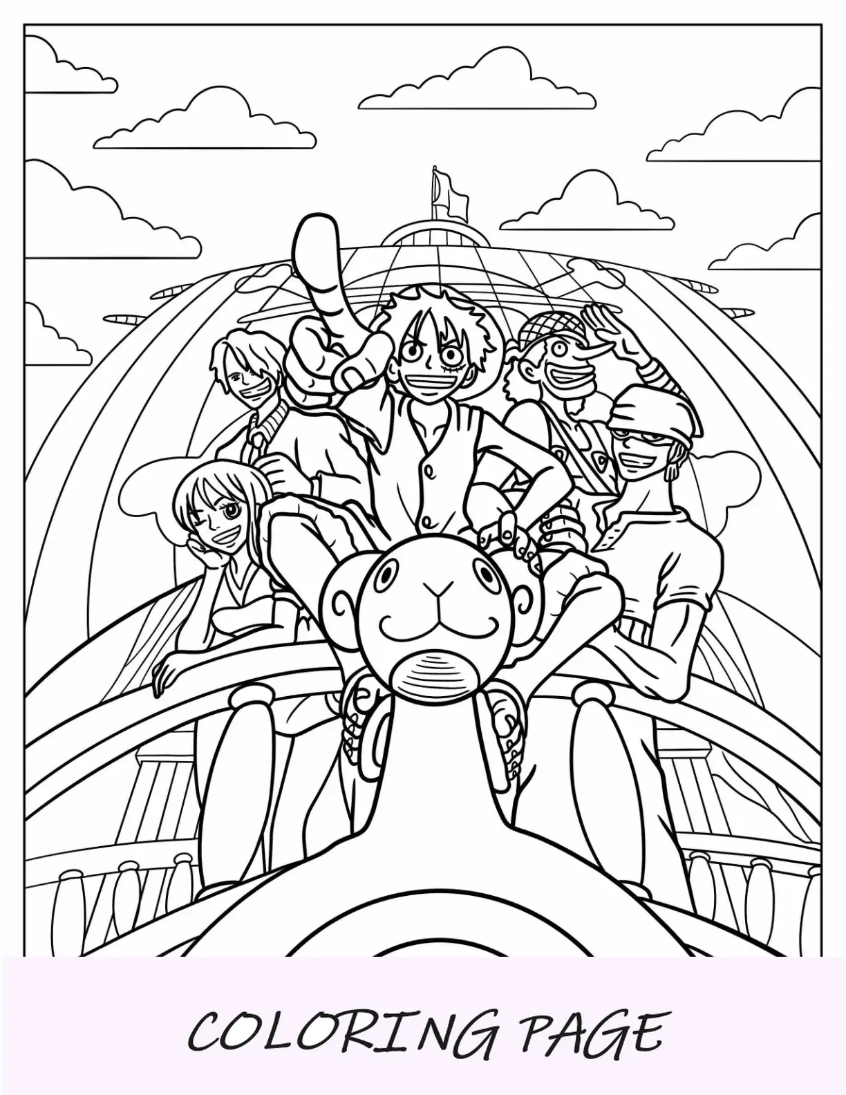 Página para colorear de One Piece de Piratas de Sombrero de Paja en Going Merry Ship
