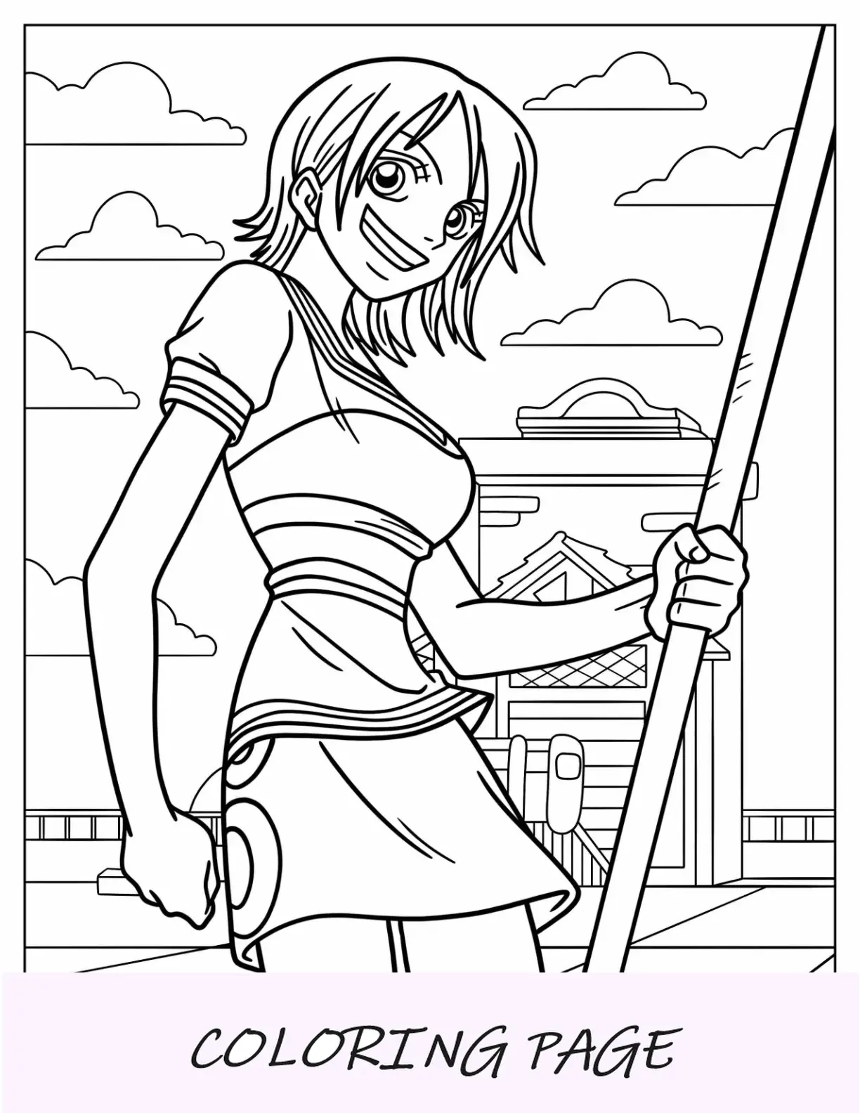 Página para colorear de One Piece de Nami sonriente en un barco pirata