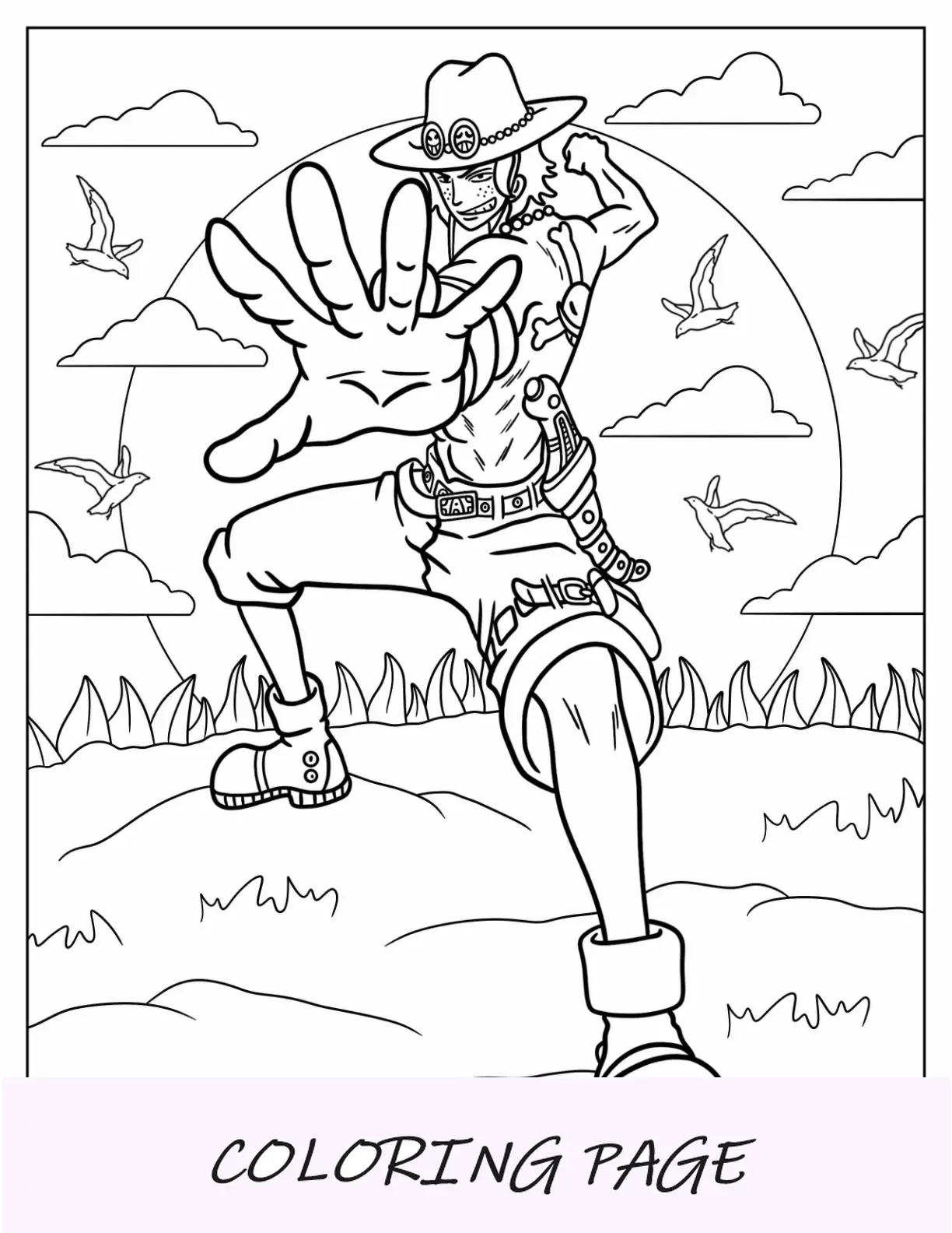 Página para colorear de One Piece de Portgas D. Ace delante del sol