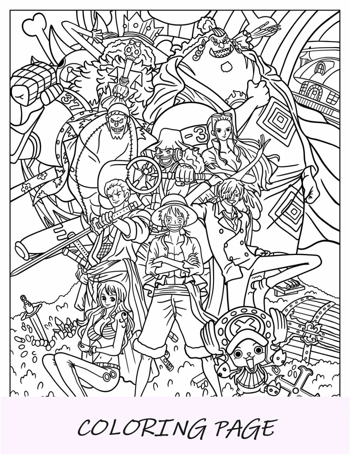 Página para colorear de One Piece del pirata de Sombrero de Paja con Jimbei, Franky y Brook
