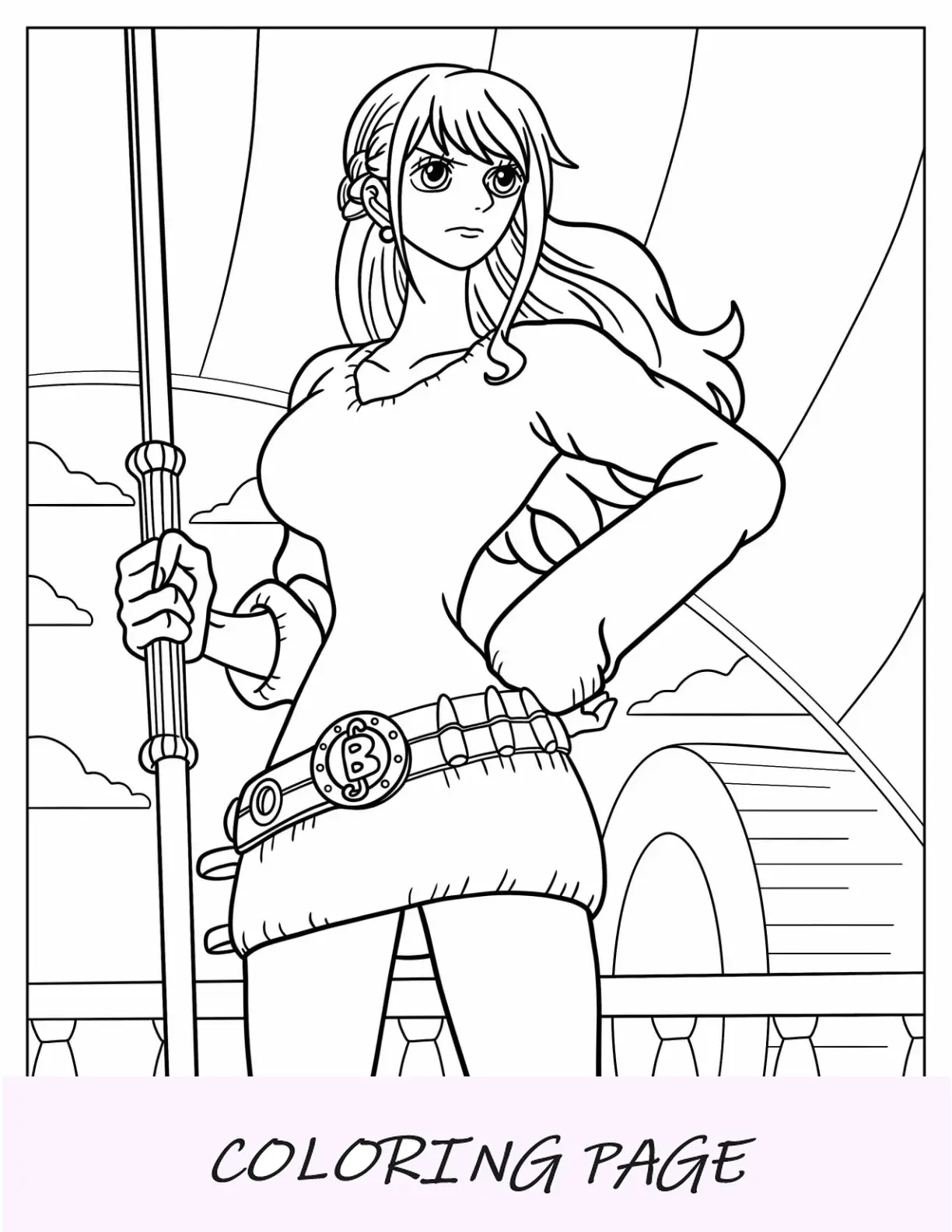 Página para colorear de One Piece de Nami de pie en cubierta