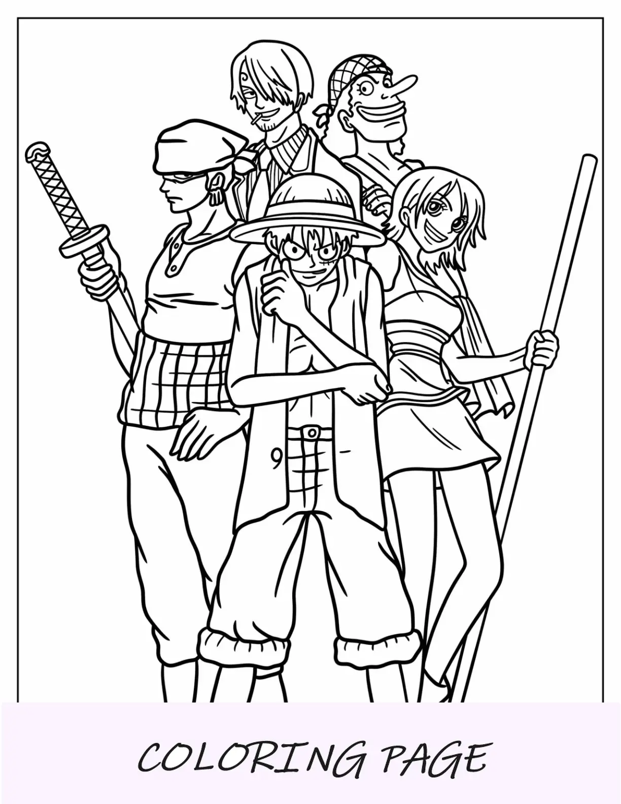 Página para colorear de One Piece de Luffy, Zoro, Sanji, Usopp y Nami para niños