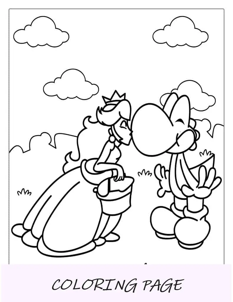 Yoshi siendo besado por la princesa Peach para colorear
