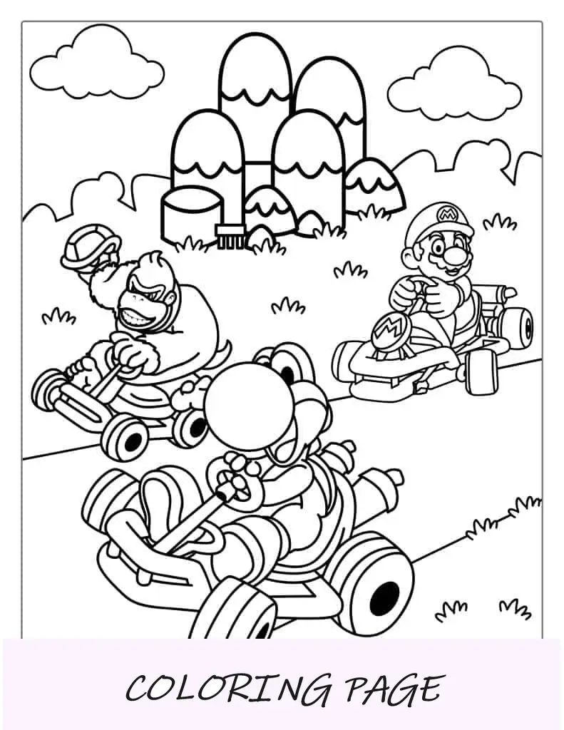 Yoshi Racing Con Mario Y Donkey Kong Para Colorear