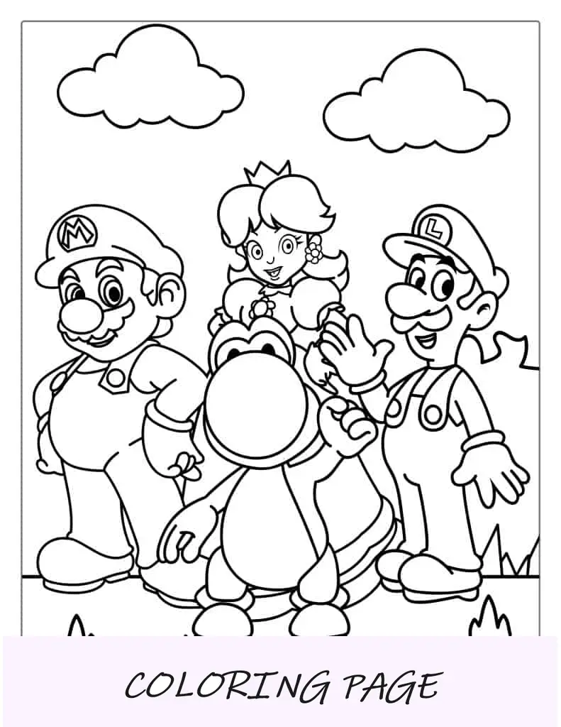 Yoshi con Peach, Mario y Luigi para colorear