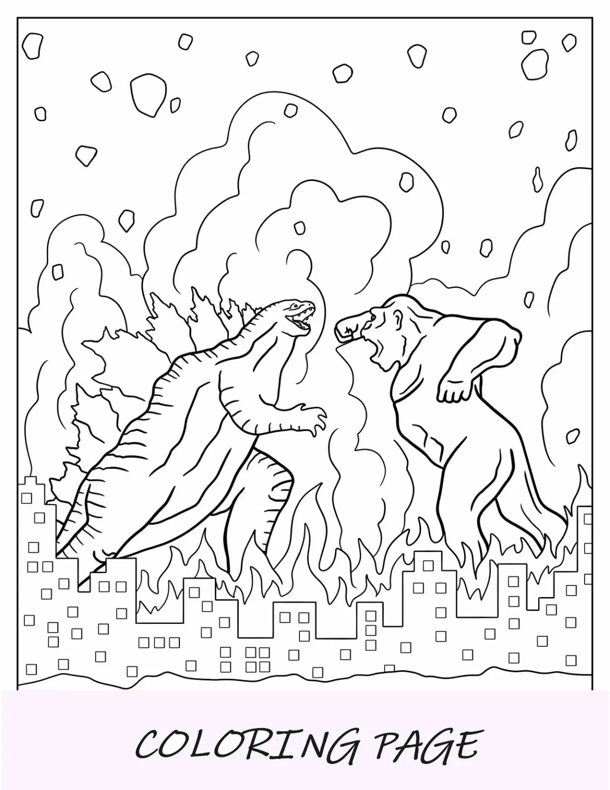 Página para colorir simples de Godzilla Vs Kong lutando na cidade em chamas