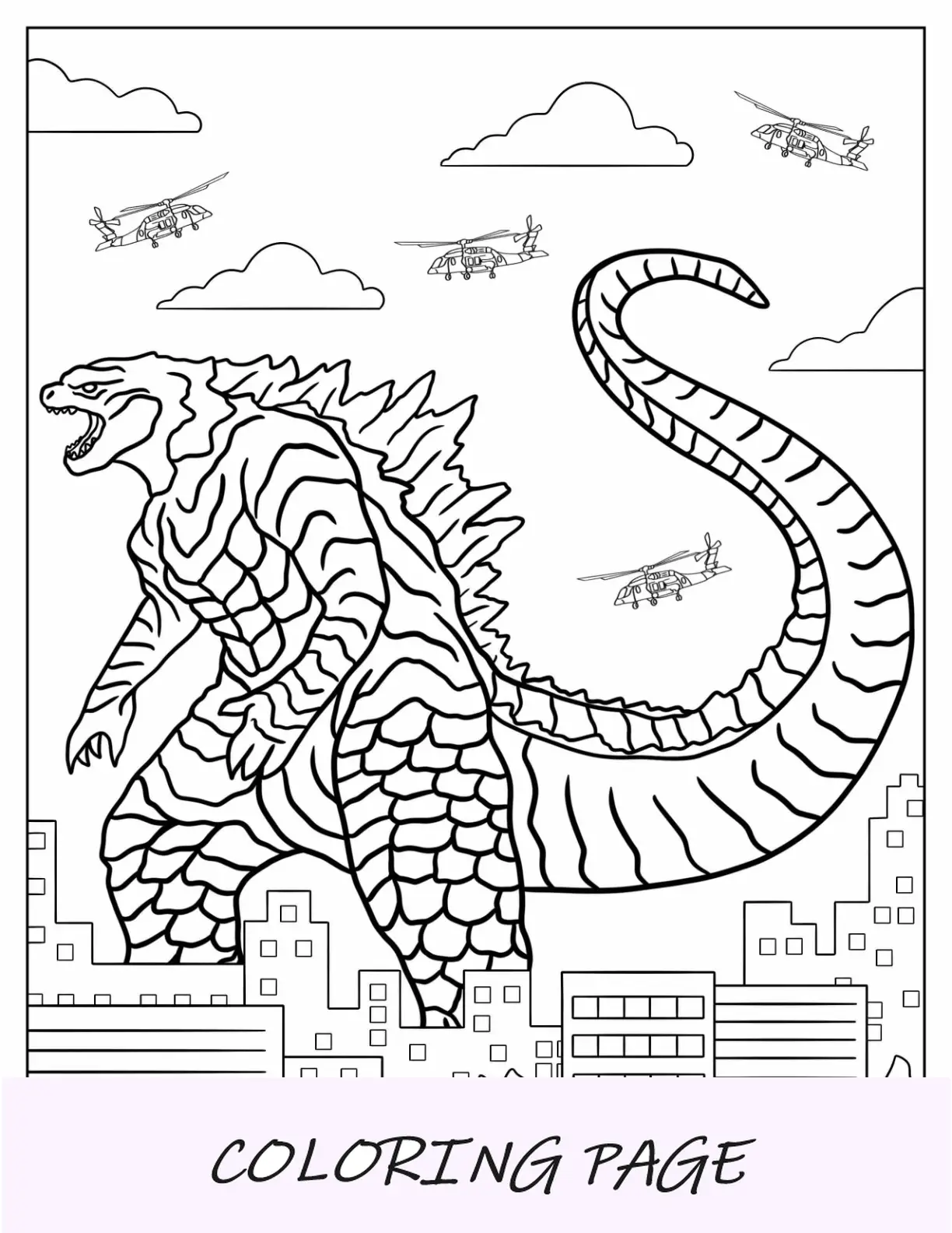 Página para colorir de Godzilla na cidade com helicópteros