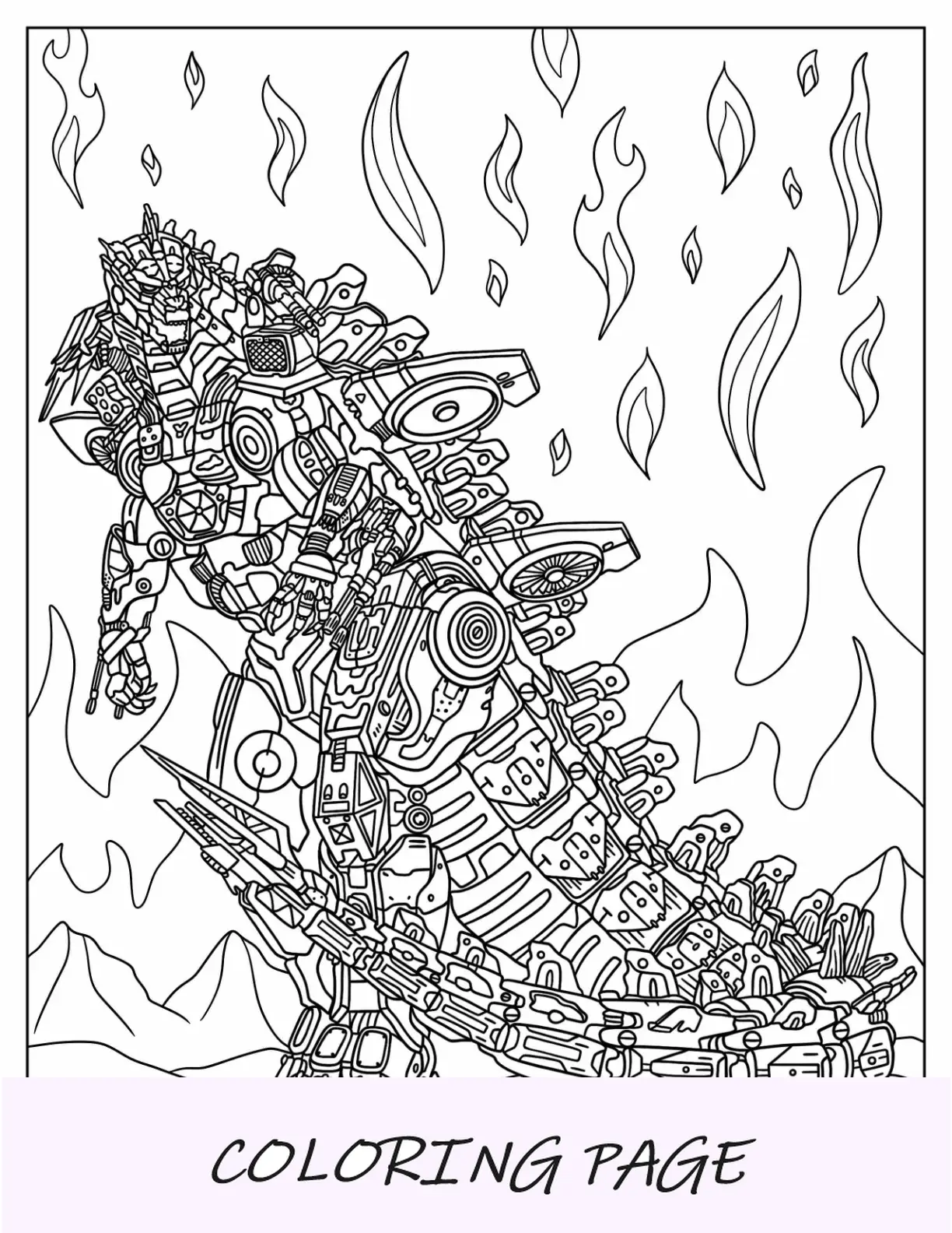 Página para colorir Mechagodzilla no meio do fogo
