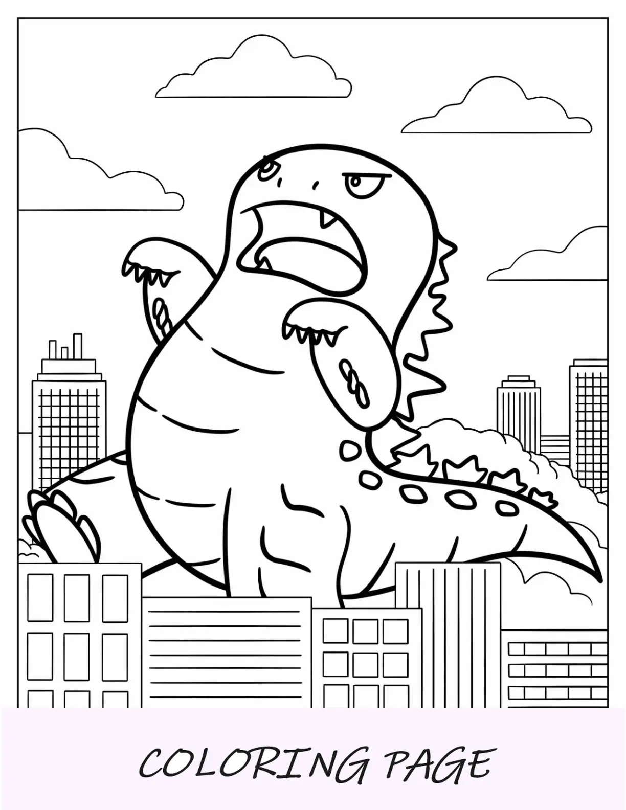 Página para colorir Kawaii Godzilla destruindo a cidade