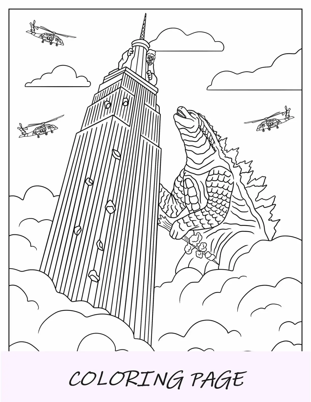Página para colorir de Godzilla alcançando Kong no Empire State Building