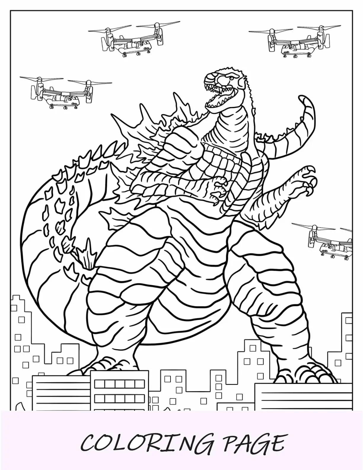 Página para colorir de Godzilla cercada por helicópteros