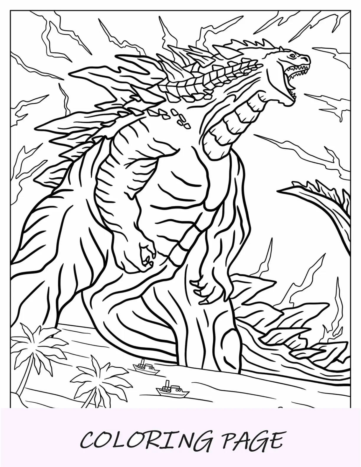 Página para colorir de Godzilla no mar com relâmpagos no céu