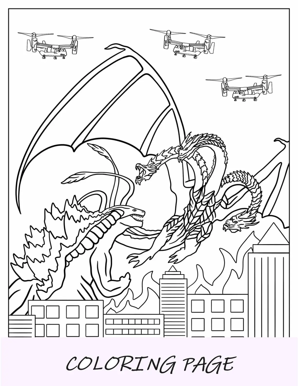 Página para colorir de Godzilla do rei lutador Ghidorah