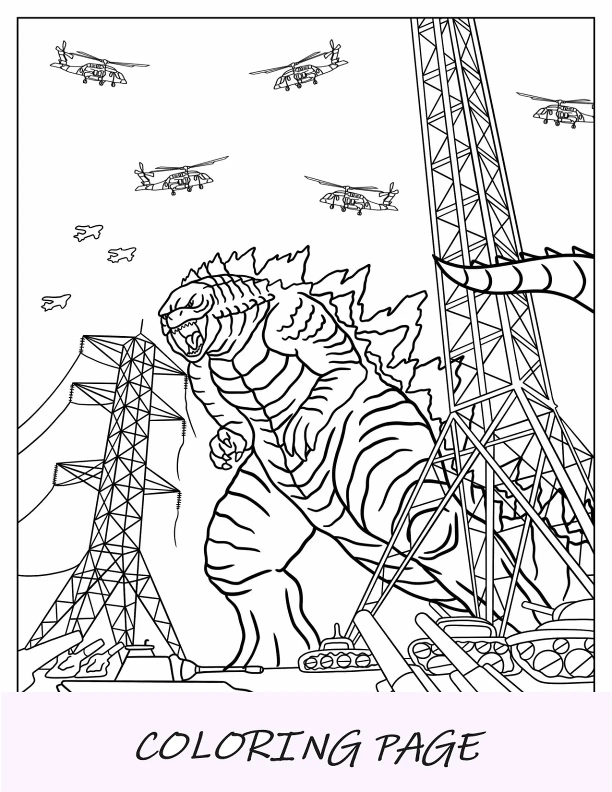 Página para colorir de Godzilla sendo atacada por militares