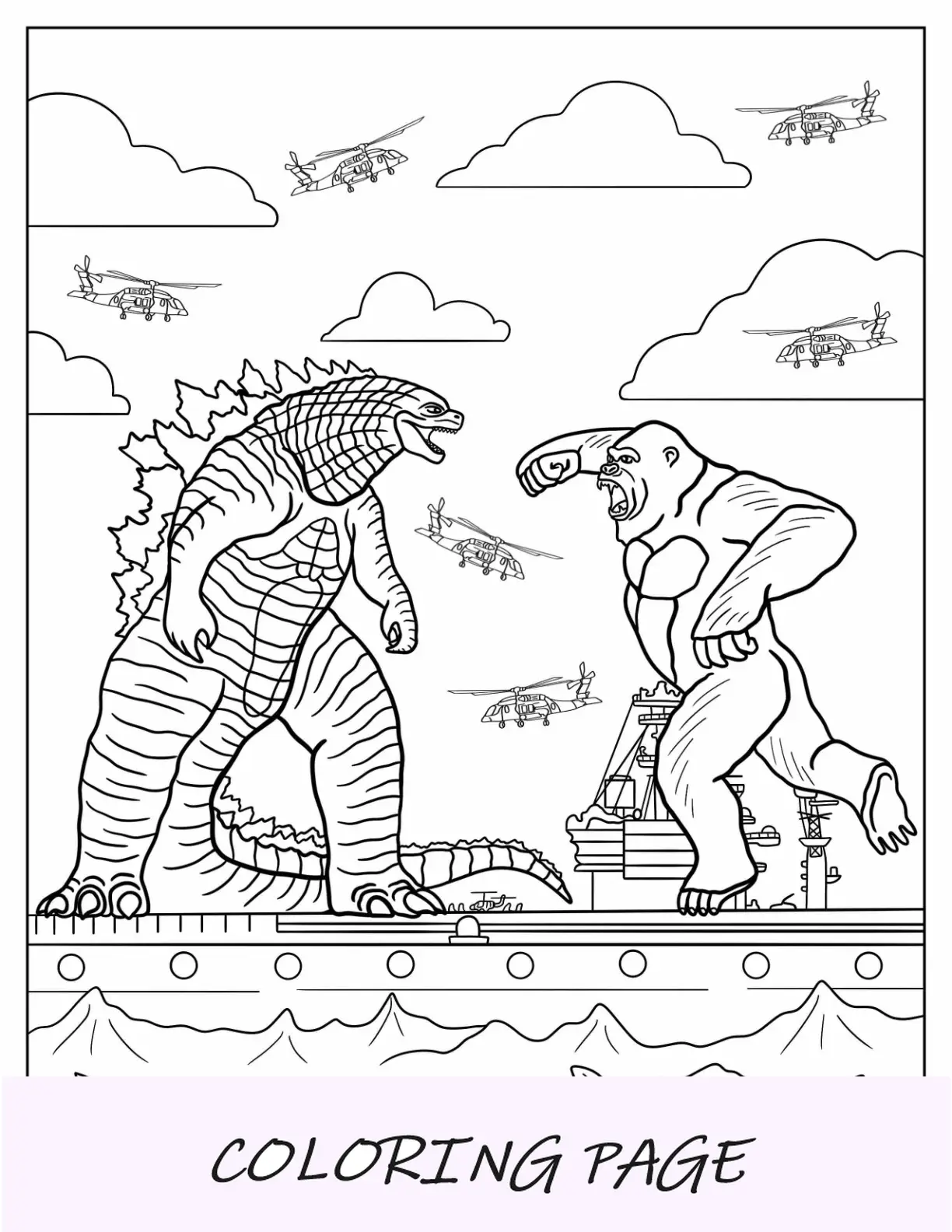 Página para colorir de Godzilla de Fighting Kong no navio de guerra