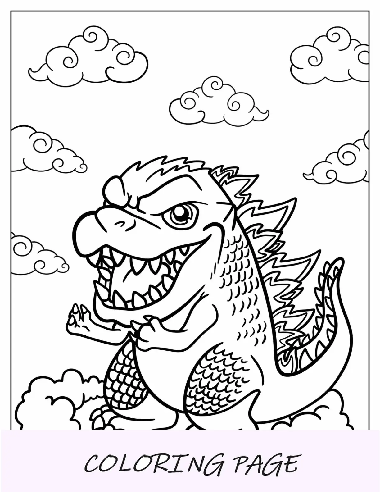 Página para colorir de Chibi Godzilla na nuvem