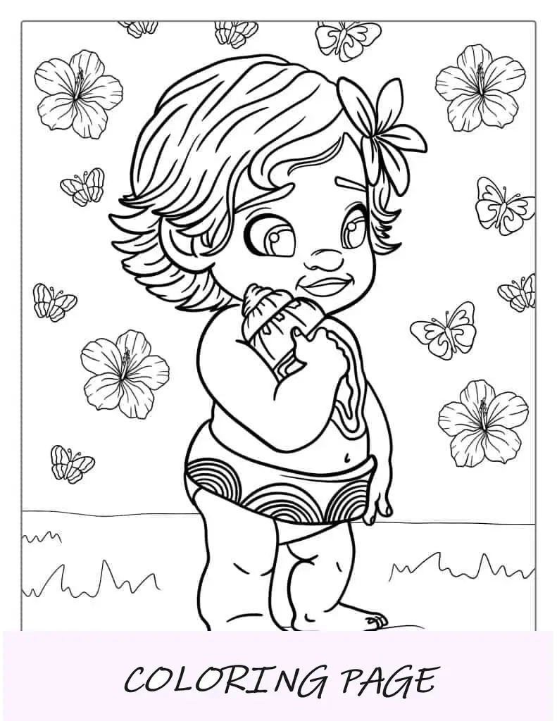 Bebê Moana com tema Kawaii para colorir