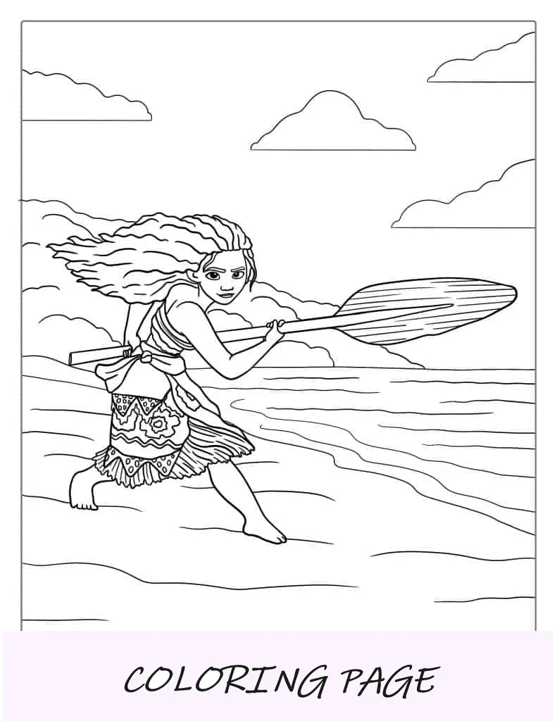 Folha para colorir de Moana segurando um remo de canoa