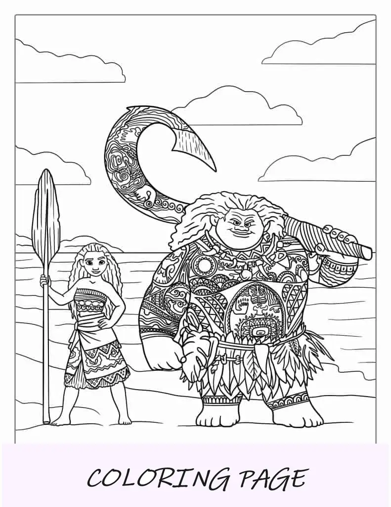 Desenho para colorir de Moana e Maui na praia