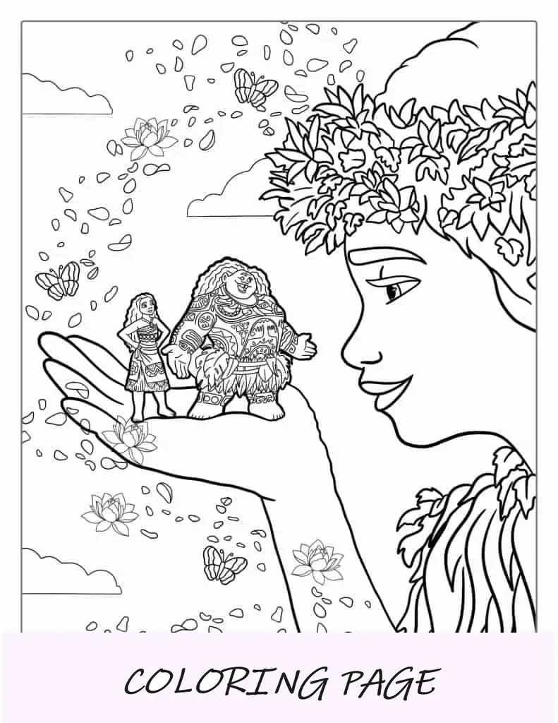 Mãe Natureza segurando Moana e Maui para colorir