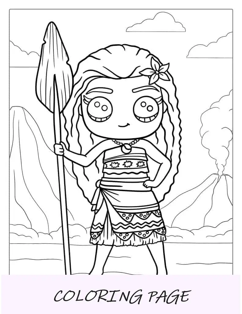 Página para colorir da princesa Moana com tema Kawaii