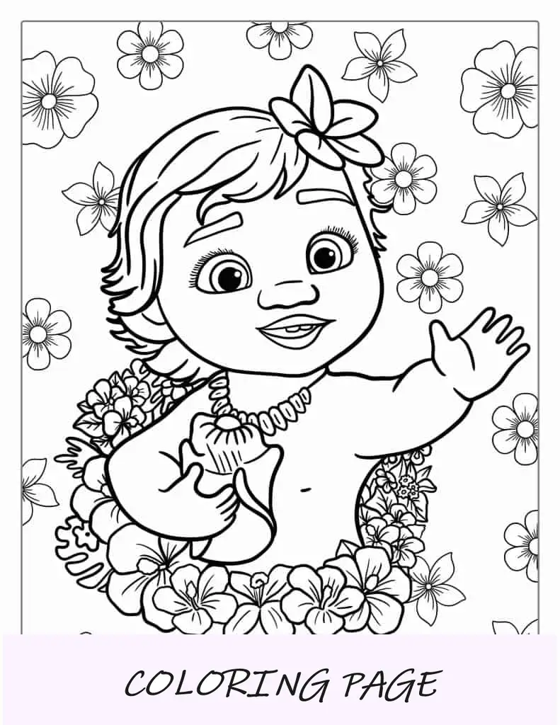 Imagem para colorir do bebê Moana com flores