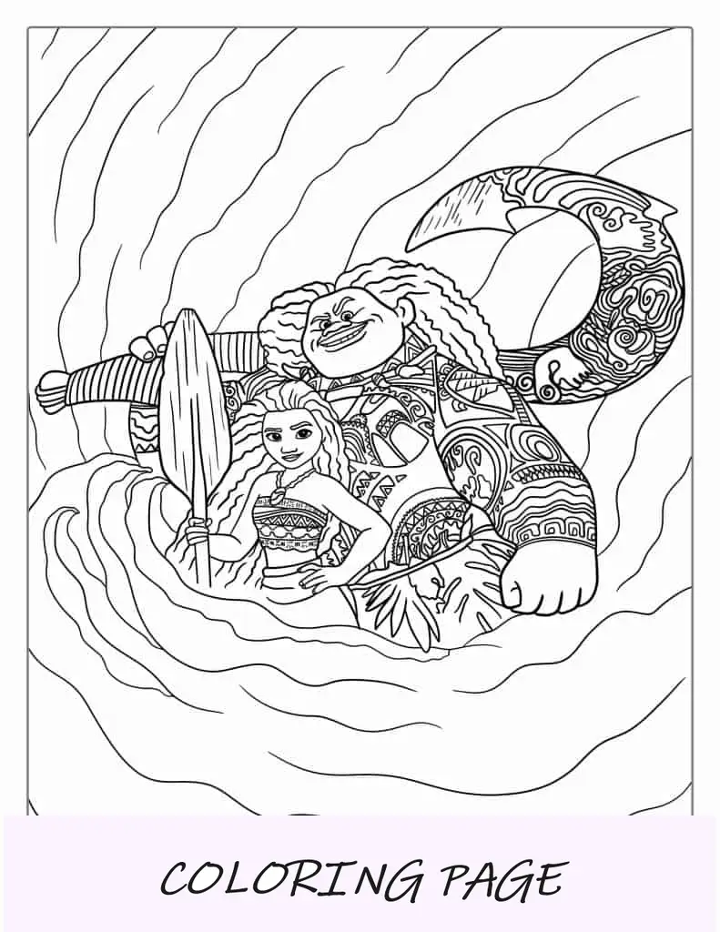 Desenho para colorir de Maui e Moana no oceano