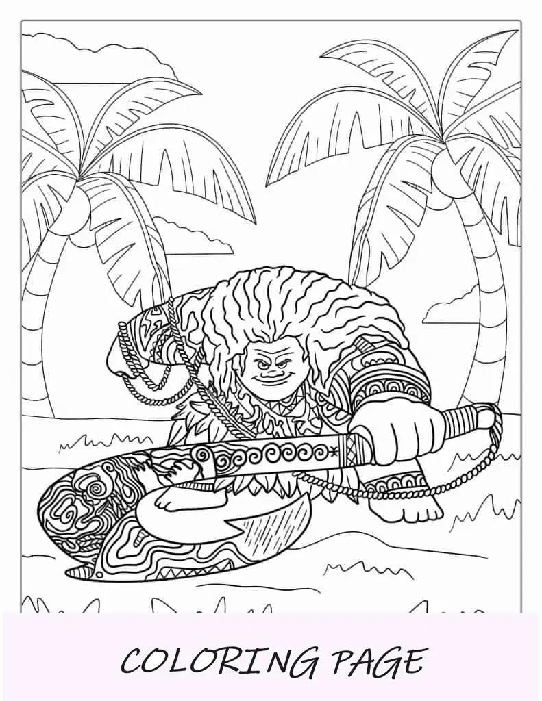 Maui detalhado segurando o anzol de osso para colorir
