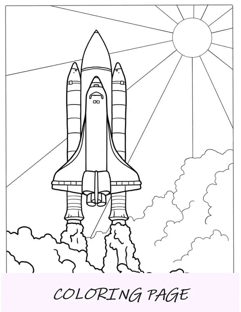 Desenho para colorir do foguete do ônibus espacial decolando