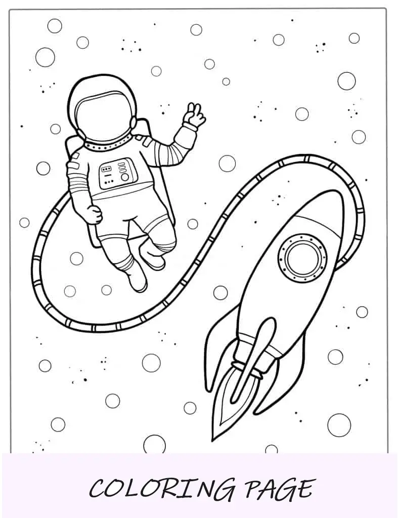 Astronauta fazendo caminhada espacial com foguete para colorir